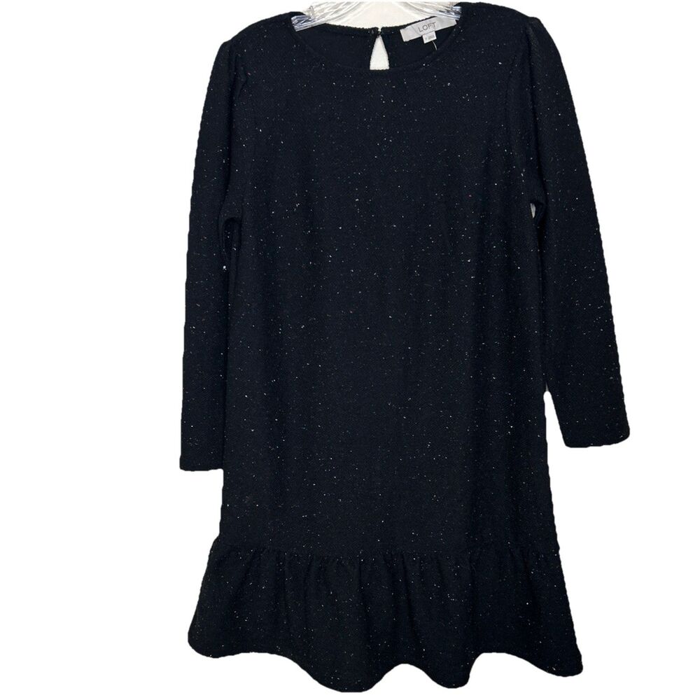 Loft Black Dress with Mulitcolor Specks Size S Textured Fabric Ruffle Hem Flaw